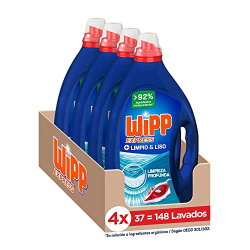 Wipp Express Detergente Líquido Limpio y Liso para lavadora, 37 Lavados - Pack de 4, Total: 148 Lavados