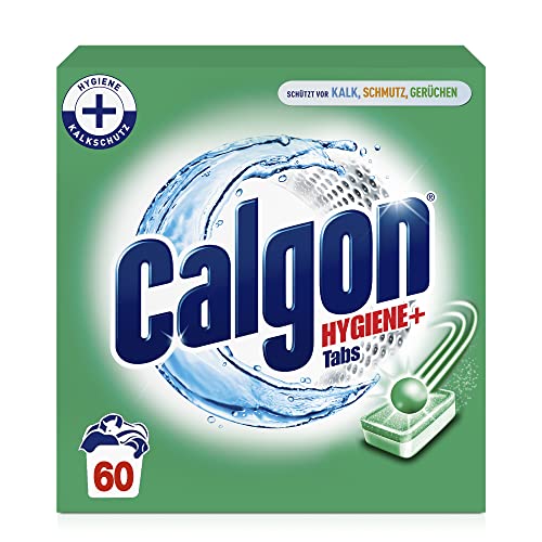 Calgon Hygiene+ Pastillas – Protección contra depósitos de cal y suciedad – Descalcificador de agua con protección higiénica para lavadora – 1 x 60 pastillas